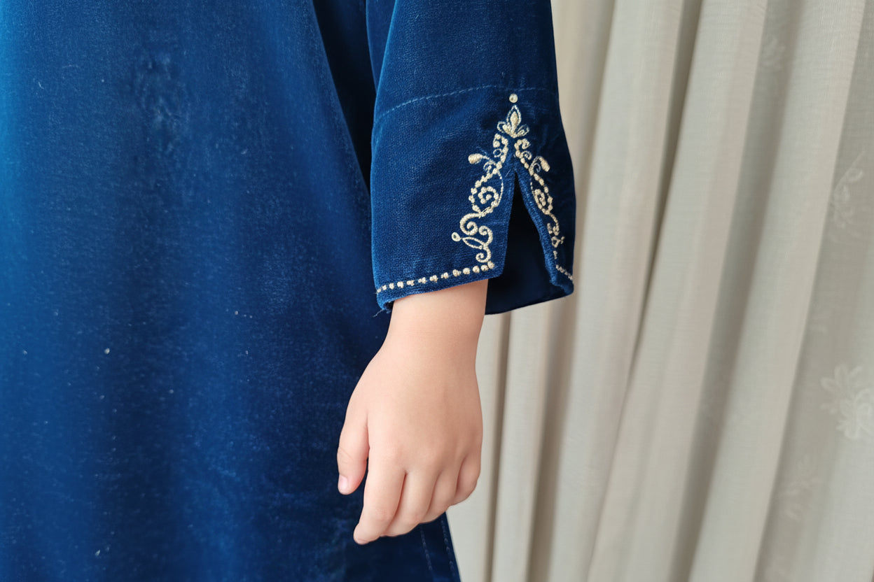 Blue V neck Velvet Zari Embroidered kurta with pant for Kids