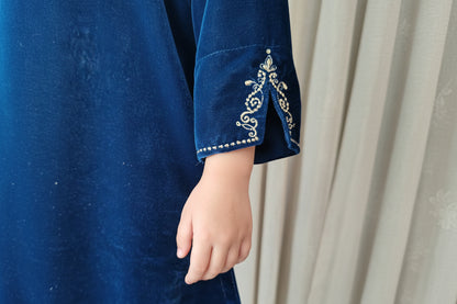 Blue V neck Velvet Zari Embroidered kurta with pant for Kids