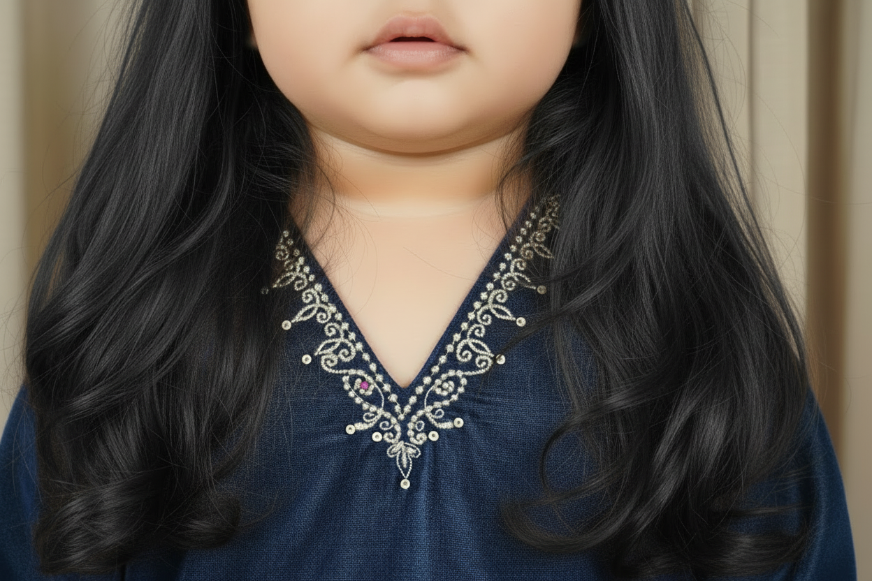 Blue V neck Velvet Zari Embroidered kurta with pant for Kids