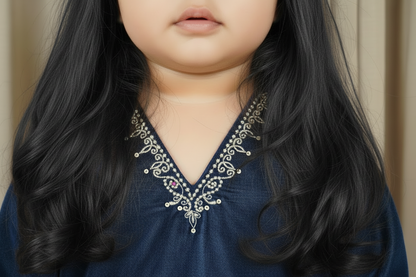 Blue V neck Velvet Zari Embroidered kurta with pant for Kids