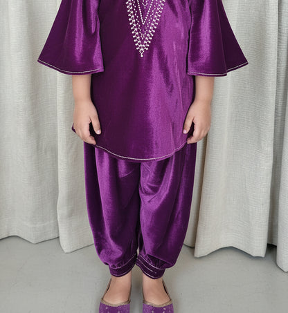 Purple high neck Cape style Velvet Co-ordset for Kids