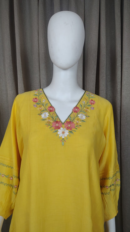Yellow Mul Chanderi Silk Embroidered Kurta with Pants