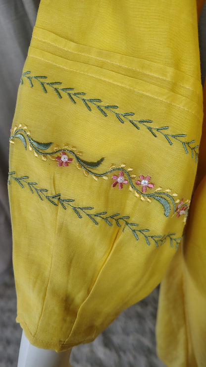 Yellow Mul Chanderi Silk Embroidered Kurta with Pants