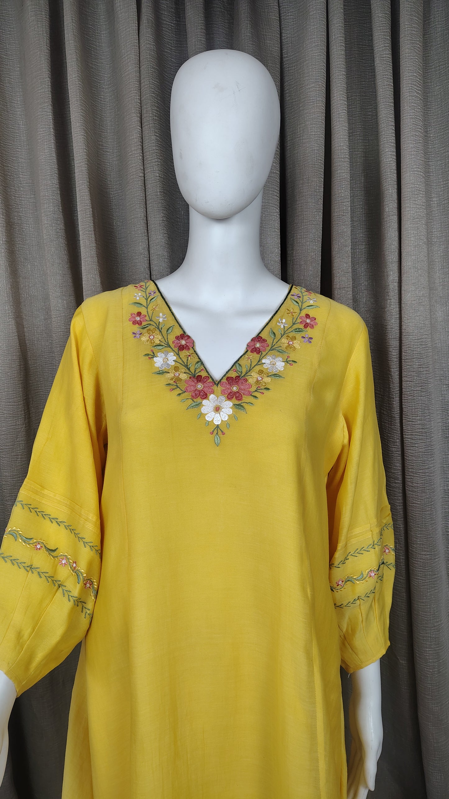 Yellow Mul Chanderi Silk Embroidered Kurta with Pants