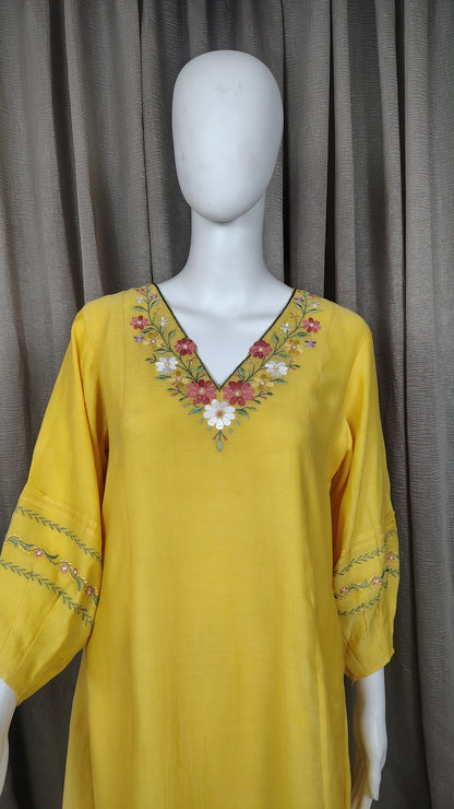 Yellow Mul Chanderi Silk Embroidered Kurta with Pants