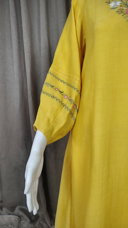 Yellow Mul Chanderi Silk Embroidered Kurta with Pants