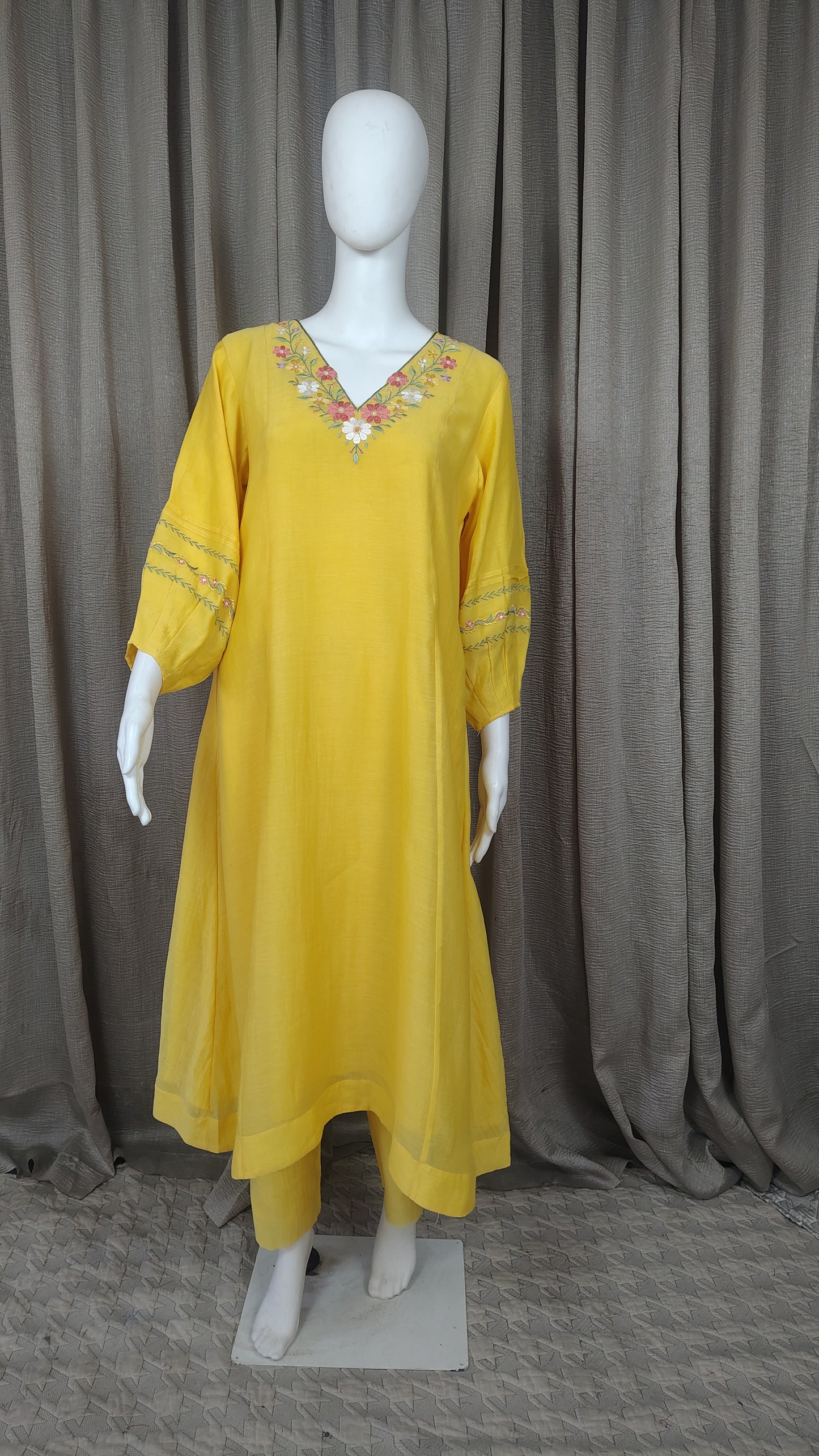Yellow Mul Chanderi Silk Embroidered Kurta with Pants