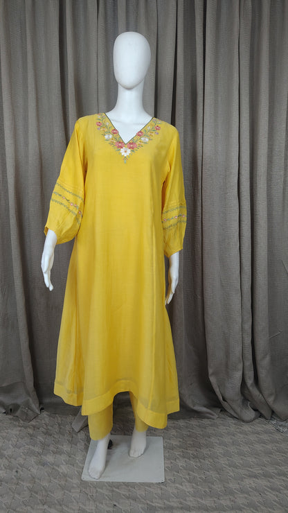 Yellow Mul Chanderi Silk Embroidered Kurta with Pants