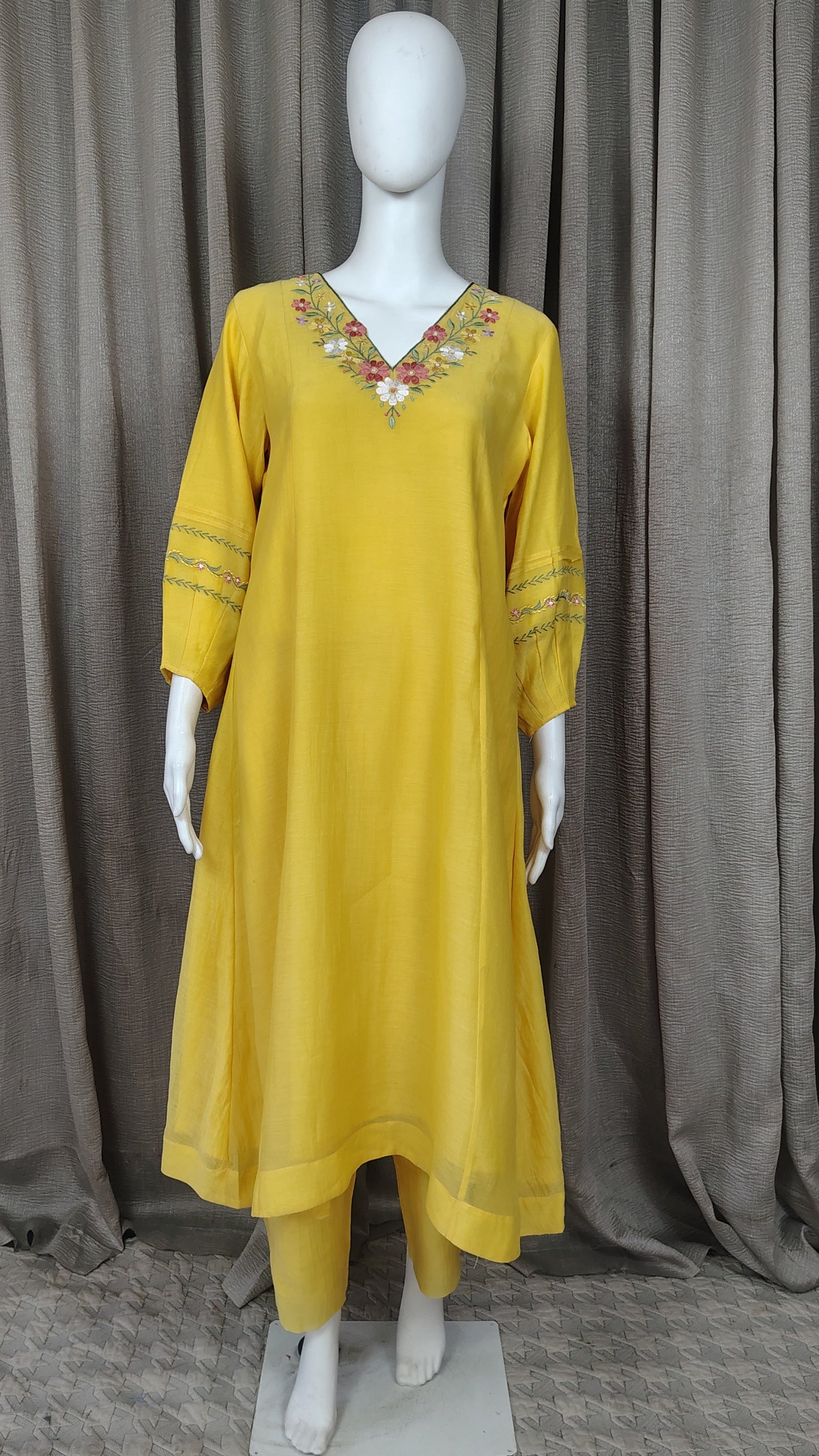 Yellow Mul Chanderi Silk Embroidered Kurta with Pants