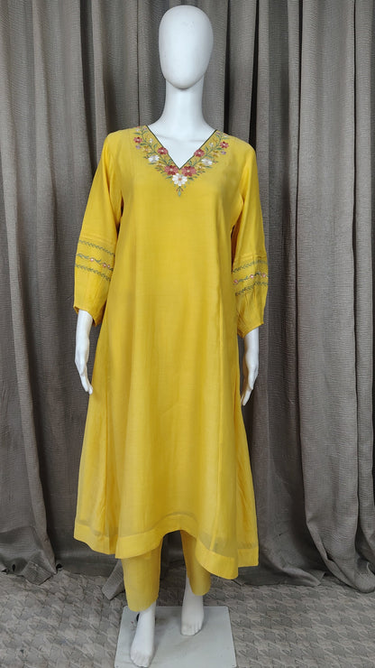 Yellow Mul Chanderi Silk Embroidered Kurta with Pants