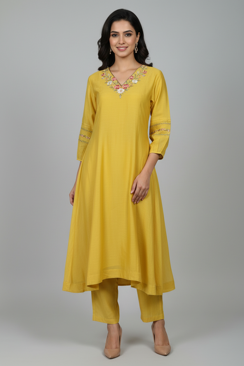 Yellow Mul Chanderi Silk Embroidered Kurta with Pants