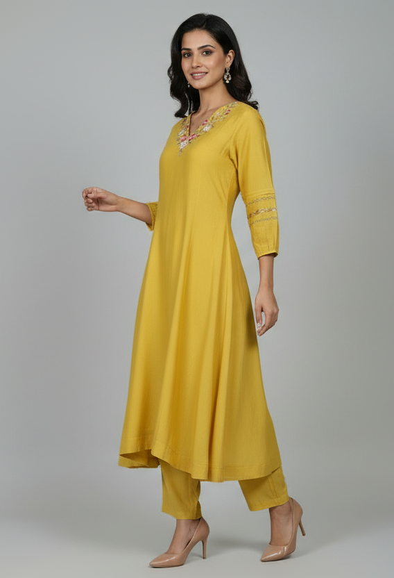 Yellow Mul Chanderi Silk Embroidered Kurta with Pants