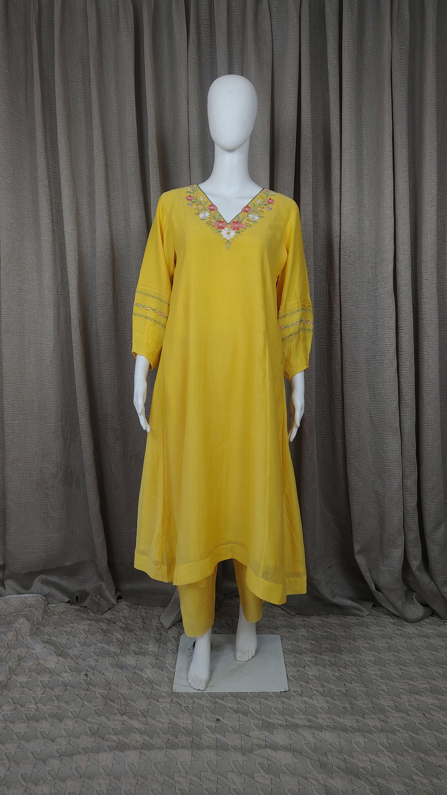 Yellow Mul Chanderi Silk Embroidered Kurta with Pants