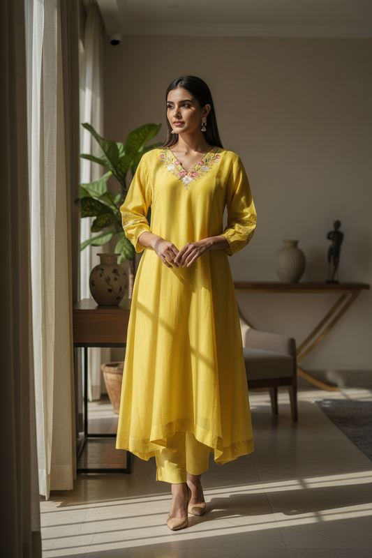 Yellow Mul Chanderi Silk Embroidered Kurta with Pants