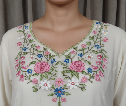Off White Silk Embroidered Mul Chanderi kurta with pants