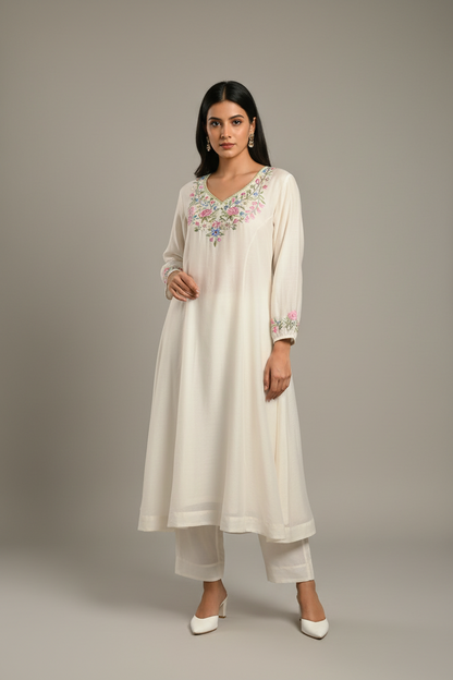 Off White Silk Embroidered Mul Chanderi kurta with pants