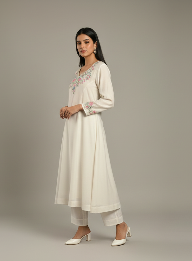Off White Silk Embroidered Mul Chanderi kurta with pants
