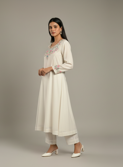 Off White Silk Embroidered Mul Chanderi kurta with pants