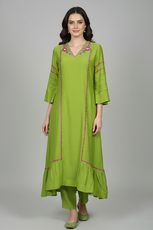 Light Green Mul Chanderi Silk Embroidered  Kurta WIth Pants