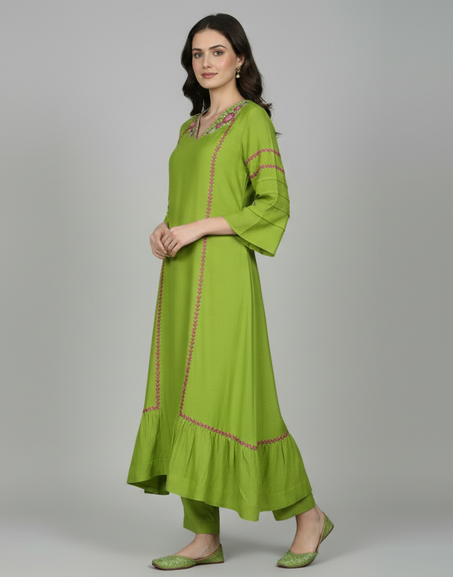 Light Green Mul Chanderi Silk Embroidered  Kurta WIth Pants