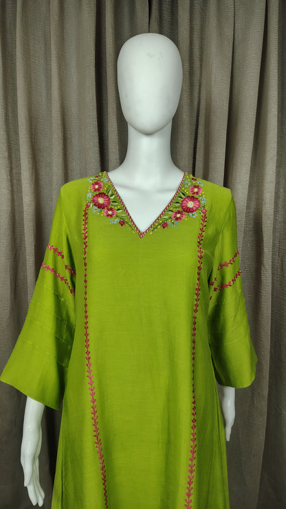 Light Green Mul Chanderi Silk Embroidered  Kurta WIth Pants