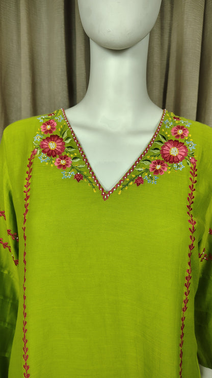 Light Green Mul Chanderi Silk Embroidered  Kurta WIth Pants