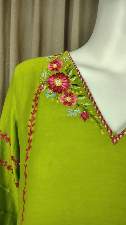 Light Green Mul Chanderi Silk Embroidered  Kurta WIth Pants