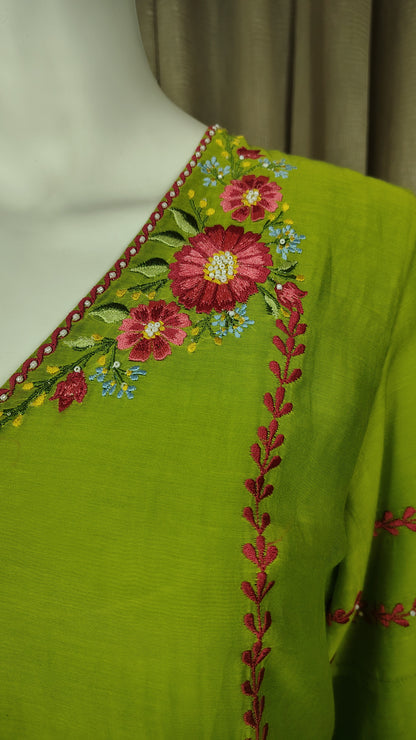 Light Green Mul Chanderi Silk Embroidered  Kurta WIth Pants