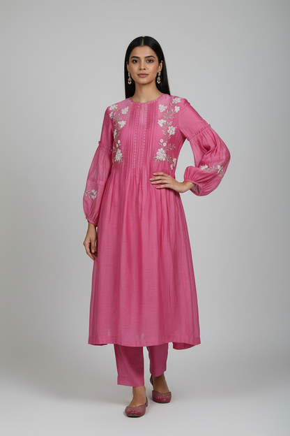 Pink Mul Chanderi Silk Embroidered Kurta With Pants