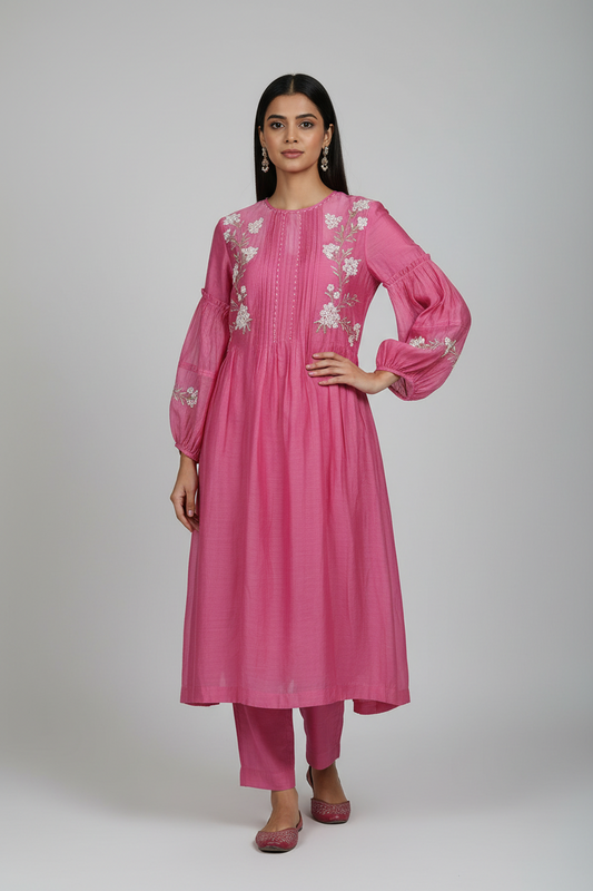 Pink Mul Chanderi Silk Embroidered Kurta With Pants