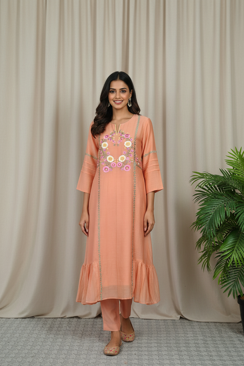 Peach Mul Chanderi Silk Embroidered Pastel Peach Kurta With Pants