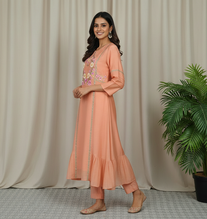 Peach Mul Chanderi Silk Embroidered Pastel Peach Kurta With Pants