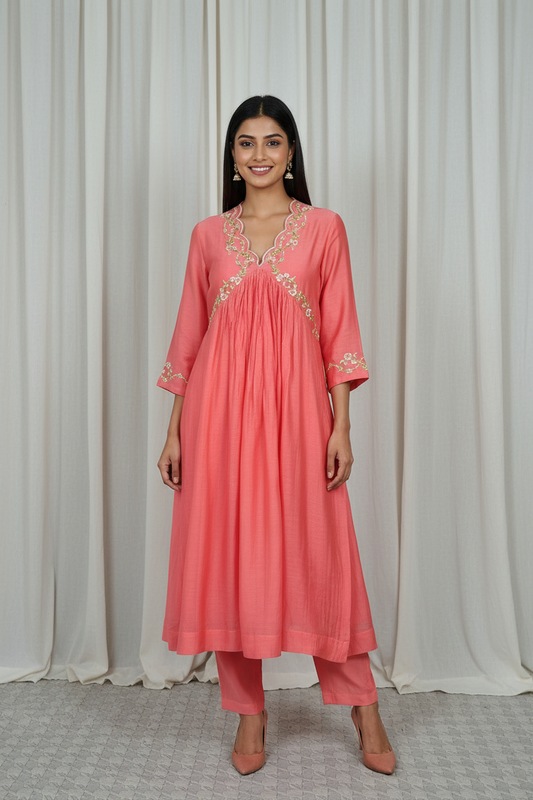 Coral Red Silk Embroidered Mul Chanderi Kurta With Pant