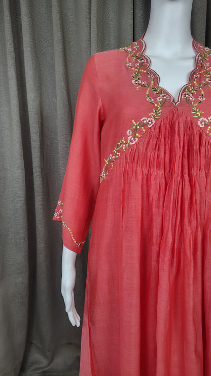 Coral Red Silk Embroidered Mul Chanderi Kurta With Pant