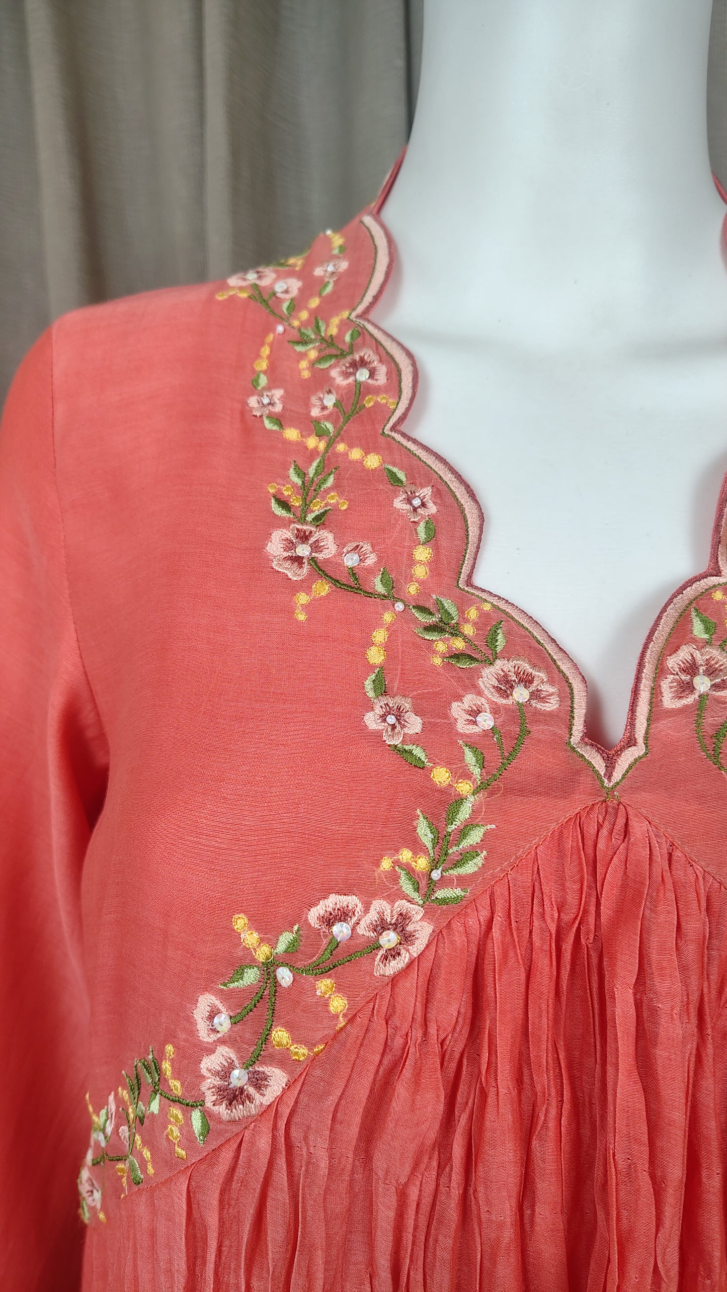 Coral Red Silk Embroidered Mul Chanderi Kurta With Pant