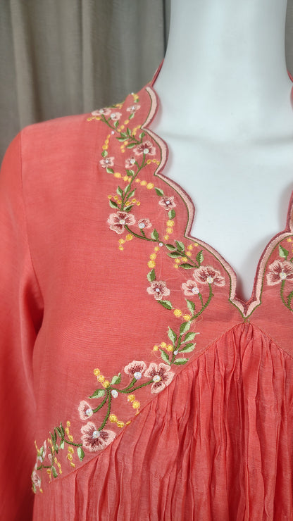 Coral Red Silk Embroidered Mul Chanderi Kurta With Pant