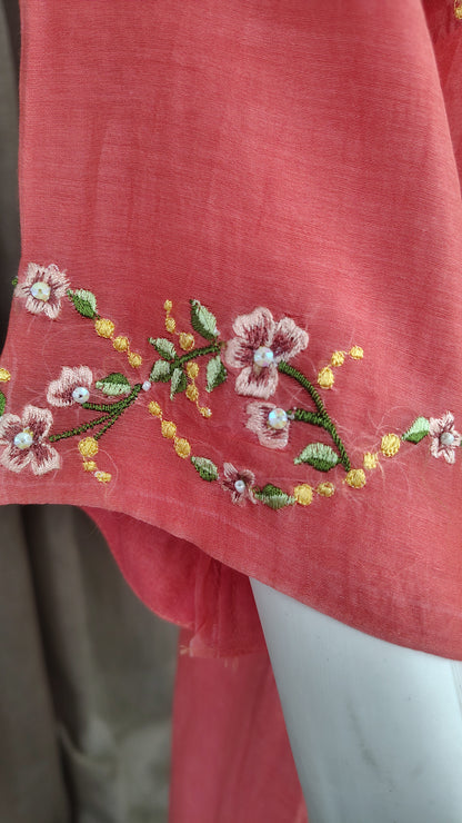 Coral Red Silk Embroidered Mul Chanderi Kurta With Pant