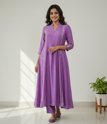 Lilac Silk Embroidered  Mul Chanderi Kurta with Pant
