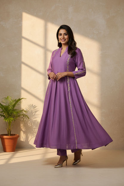 Lilac Silk Embroidered  Mul Chanderi Kurta with Pant