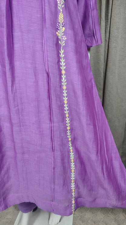 Lilac Silk Embroidered  Mul Chanderi Kurta with Pant