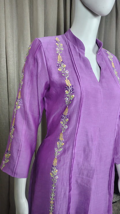 Lilac Silk Embroidered  Mul Chanderi Kurta with Pant