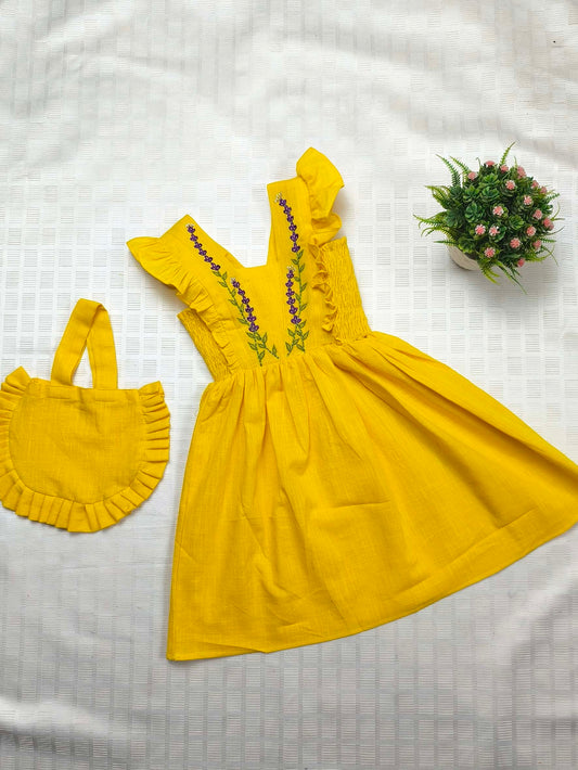 Yellow Cotton Slub Silk Thread Embroidered Dress