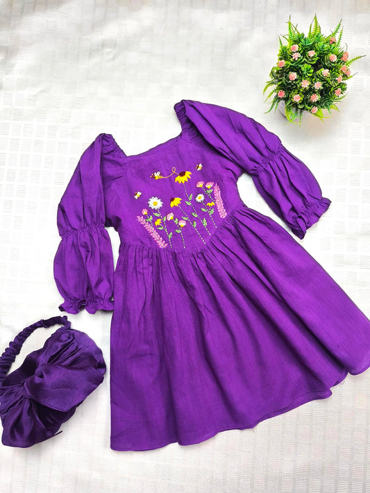 Purple Cotton slub Floral Embroidered Dress