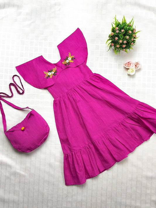 Pink Cotton Slub Hand Embroidered Dress