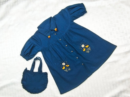 Blue Cotton Slub Floral Embroidered Dress