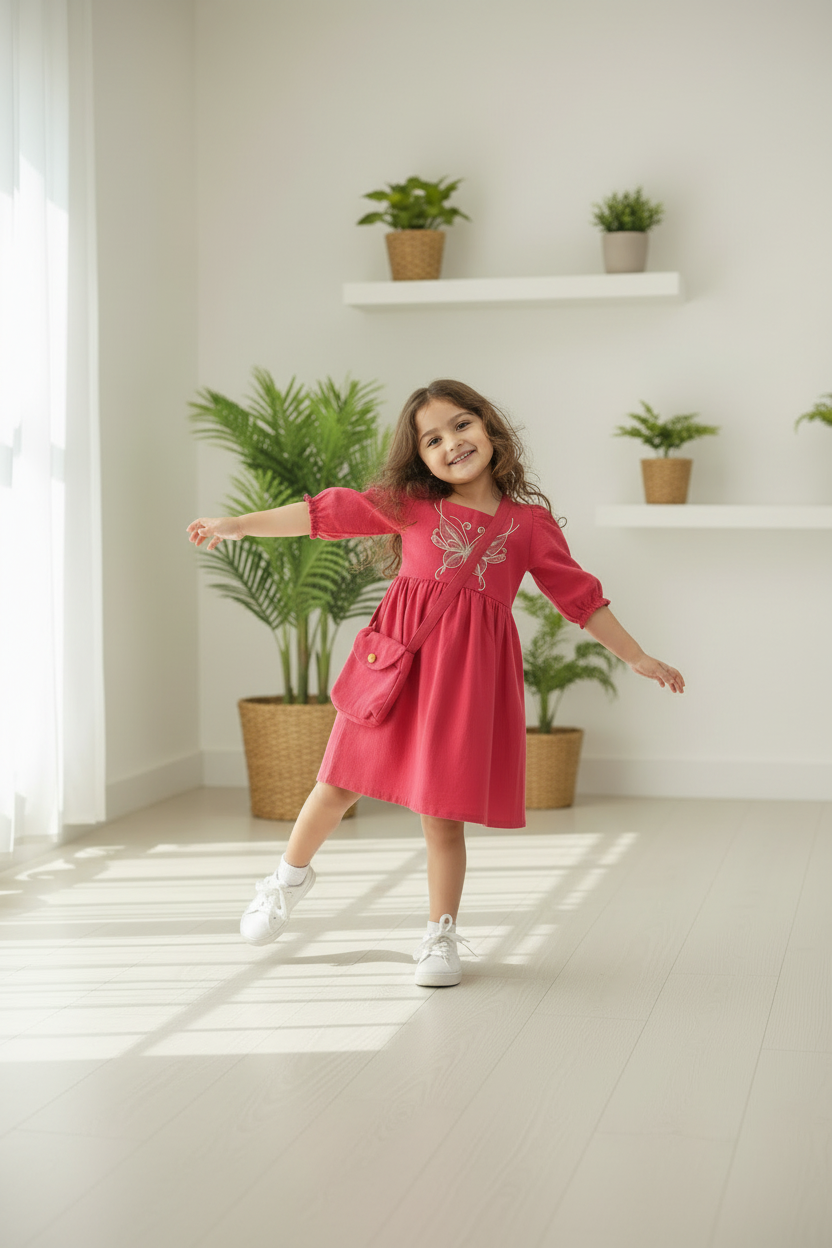 Red Cotton Slub Butterfly Embroidered Dress