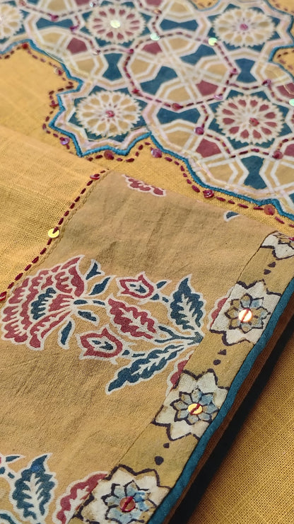 Mustard Yellow Ajrakh Applique Work Cotton Suit- Set of 3