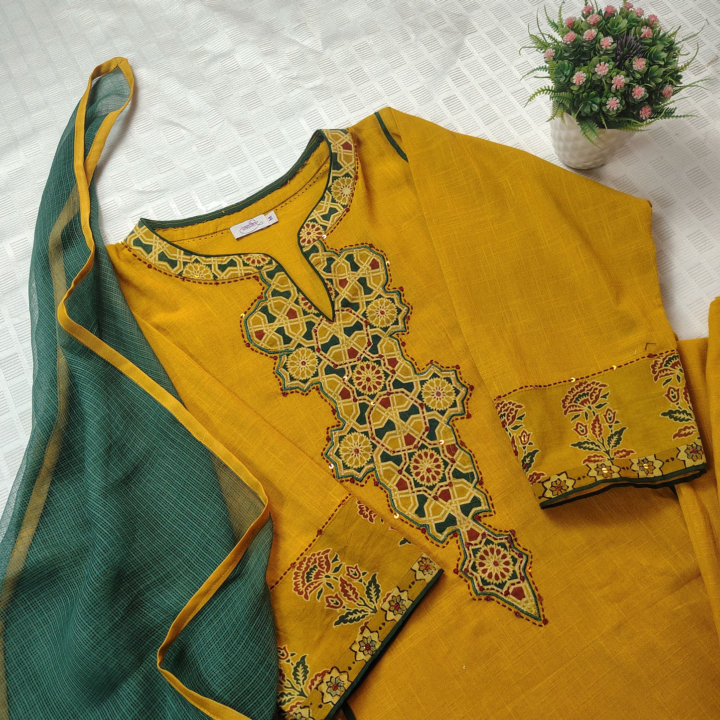 Mustard Yellow Ajrakh Applique Work Cotton Suit- Set of 3