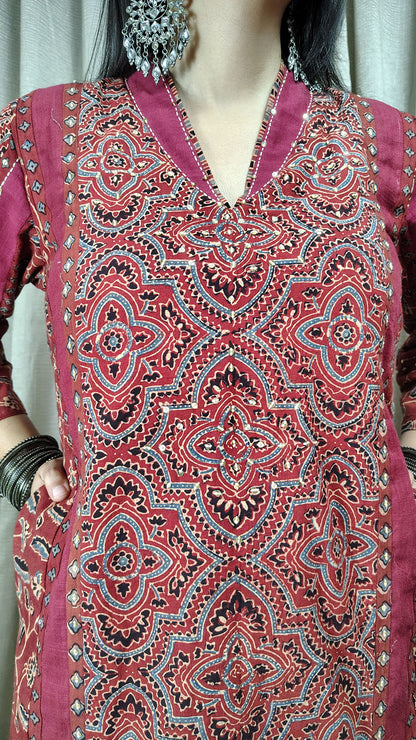 Red Ajrakh Patch Work Cotton Suitset