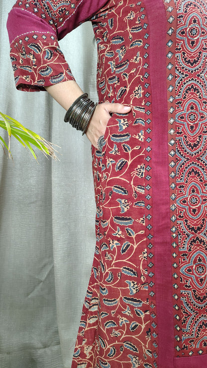 Red Ajrakh Patch Work Cotton Suitset